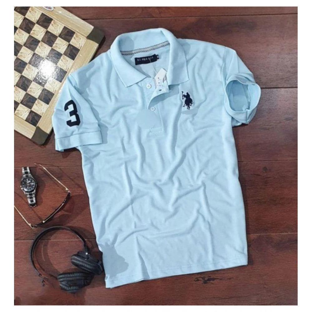 Men's Casual Half sleeve Solid Cotton Polo Neck T-shirt (Sky Blue)