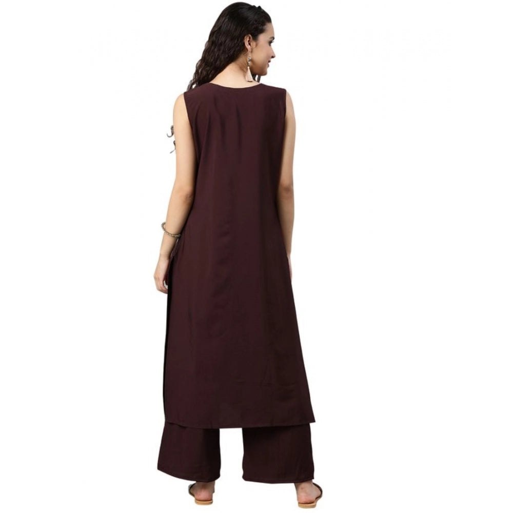 Casual sleeveless Solid Crepe Kurti And Palazzo Set (Brown)