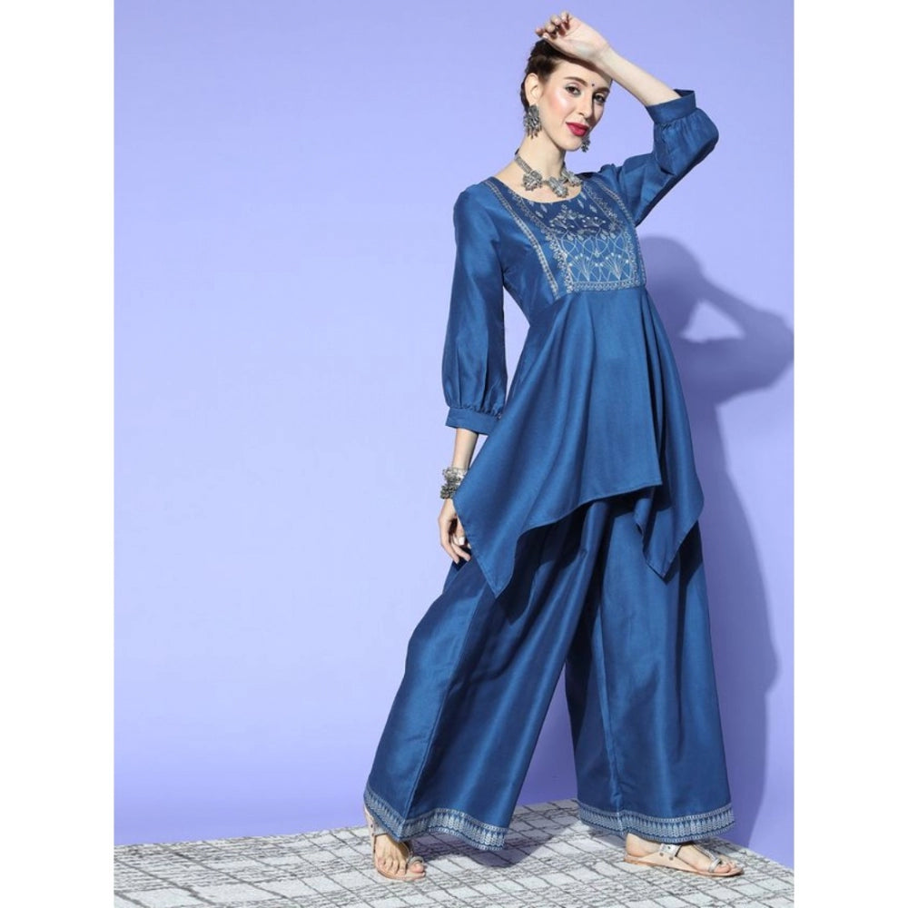 Casual 3-4Th Sleeve Floral Printed Chinon Kurti And Palazzo Set (Blue)