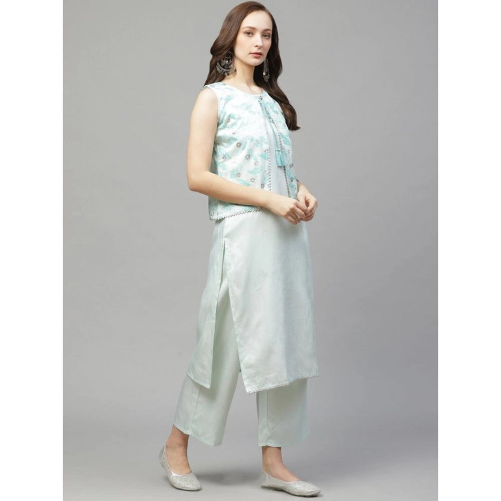 Casual Sleeveless Abstract Poly Silk Kurti and Palazzo Set (Mint Green)