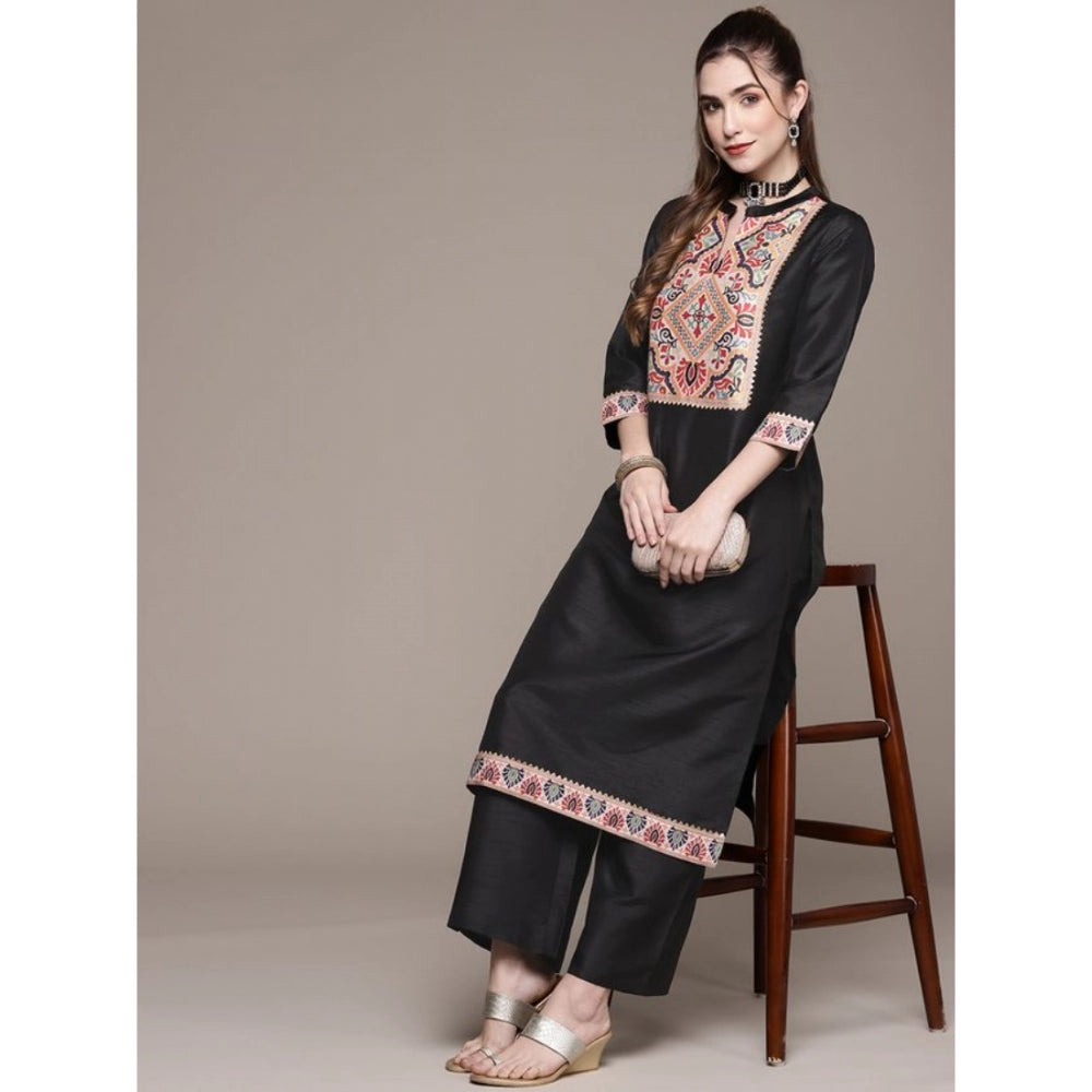 Casual 3-4Th Sleeve Floral Printed Poly Silk Kurti and Palazzo Set (Black)