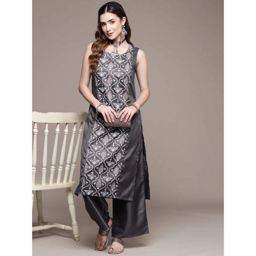 Casual Sleeveless Floral Printed Poly Silk Kurti and Palazzo Set (Dark Grey)