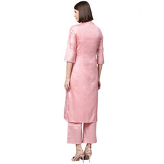 Casual 3-4Th Sleeve Floral Printed Poly Silk Kurti And Palazzo Set (Pink)