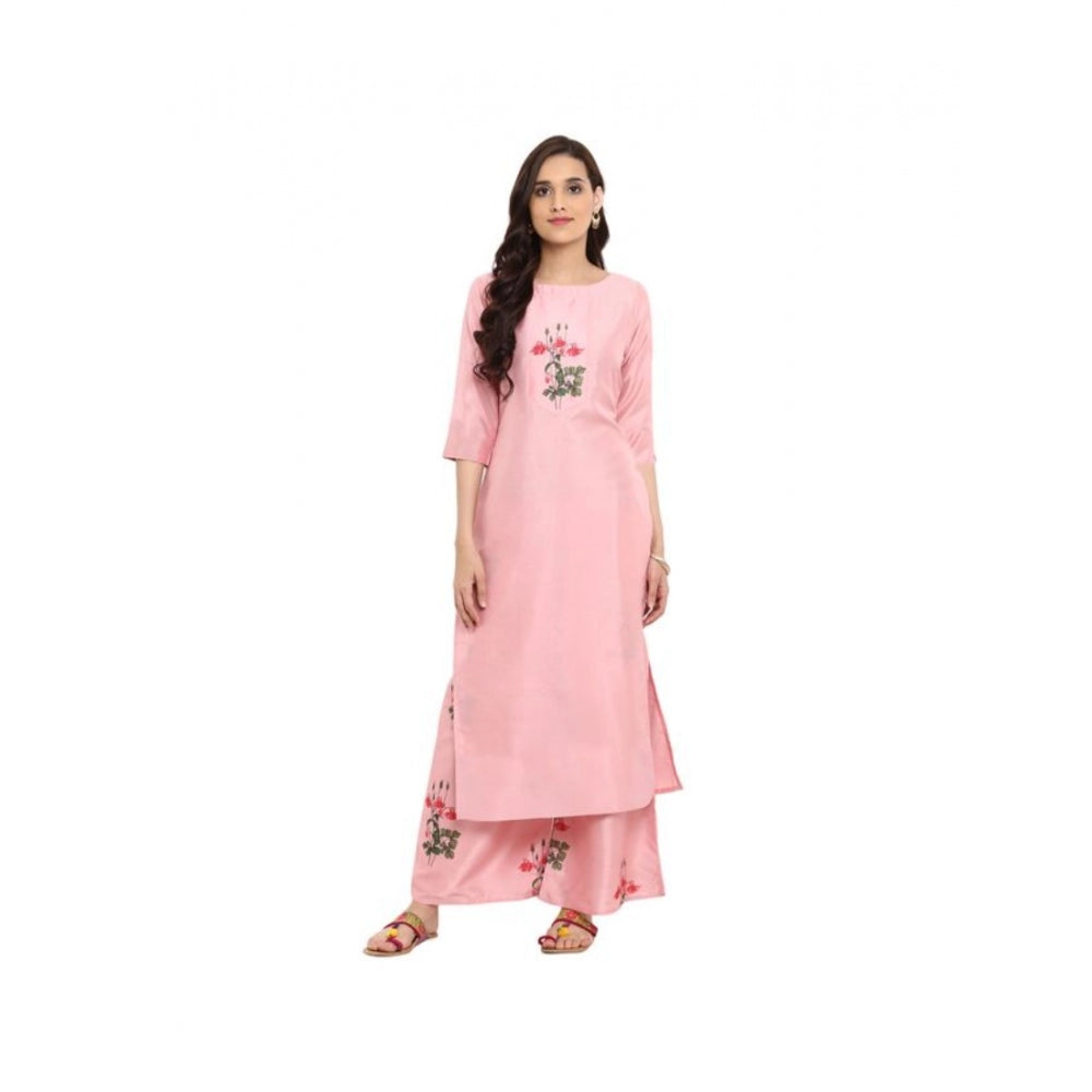 Casual 3-4Th Sleeve Floral Printed Poly Silk Kurti and Palazzo Set (Pink)