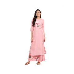 Casual 3-4Th Sleeve Floral Printed Poly Silk Kurti and Palazzo Set (Pink)