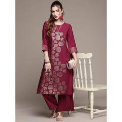 Casual 3-4Th Sleeve Floral Printed Crepe Kurti And Palazzo Set (Dark Pink)