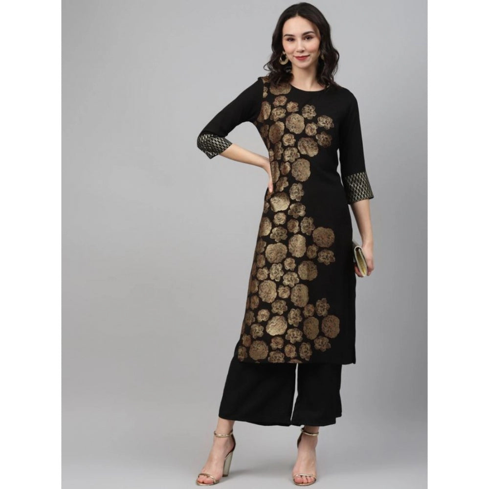 Casual 3-4Th Sleeve Floral Printed Crepe Kurti And Palazzo Set (Black)