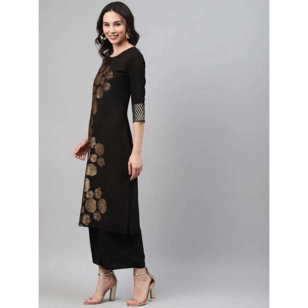 Casual 3-4Th Sleeve Floral Printed Crepe Kurti And Palazzo Set (Black)