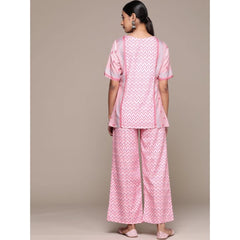 Casual Half Sleeve Geometric Rayon Kurti And Palazzo Set (Pink)