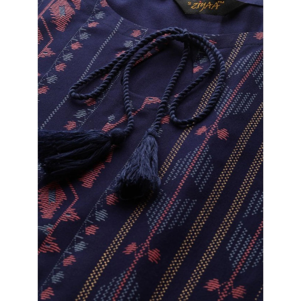 Casual Sleeveless Ikkat Rayon Kurti and Palazzo Set (Navy Blue)