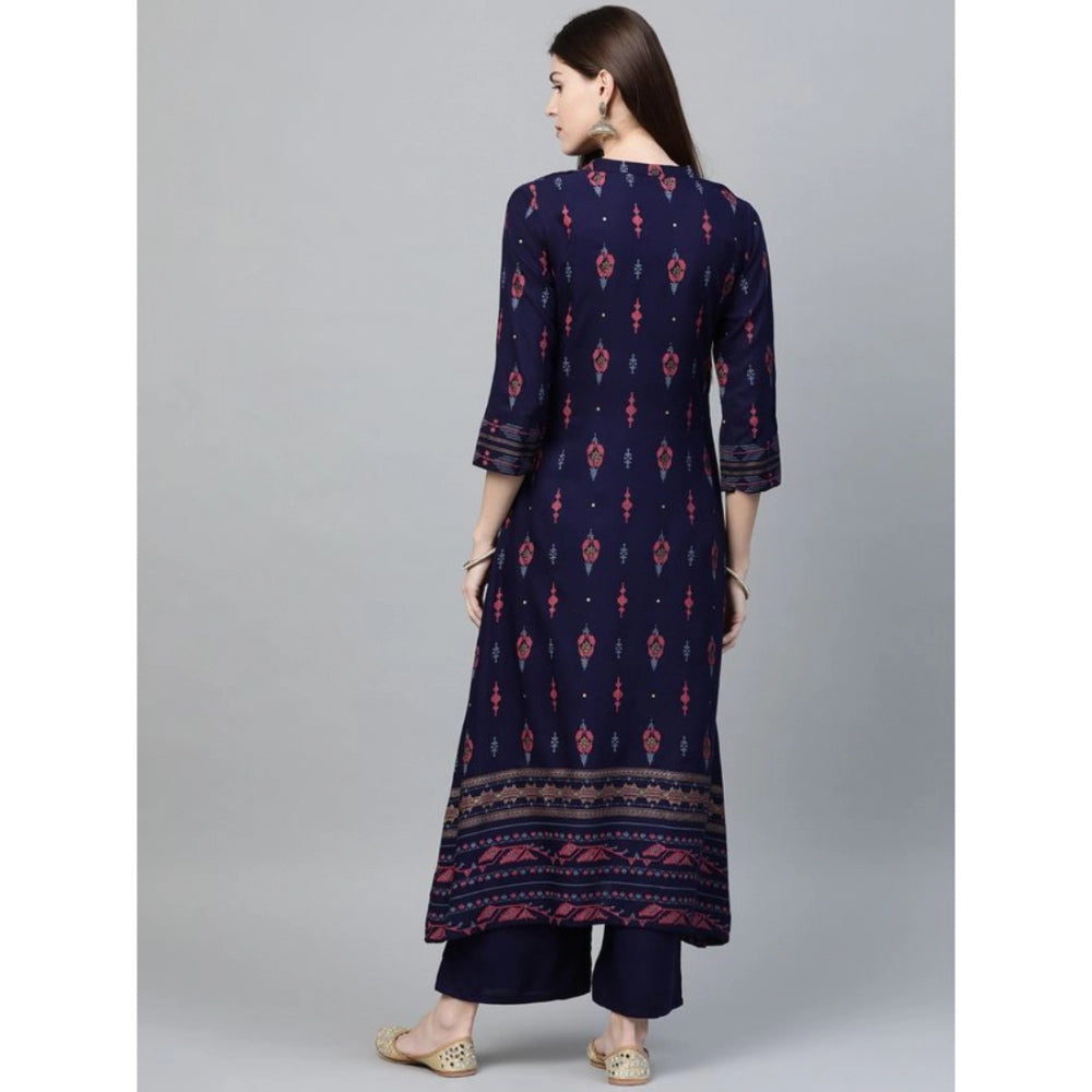 Casual 3-4Th Sleeve Ikkat Rayon Kurti and Palazzo Set (Navy Blue)