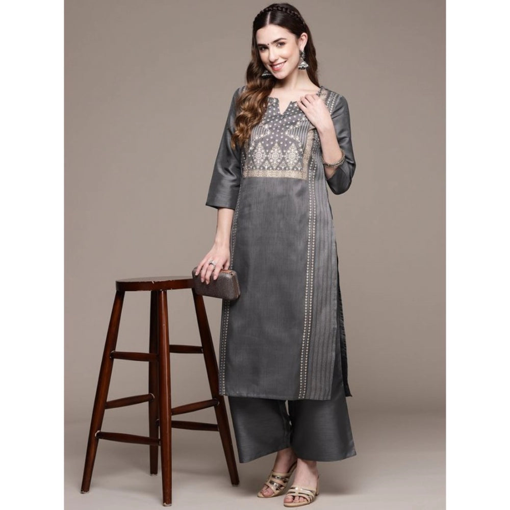 Casual 3-4Th Sleeve Ethnic Motifs Poly Silk Kurti And Palazzo Set (Dark Grey)