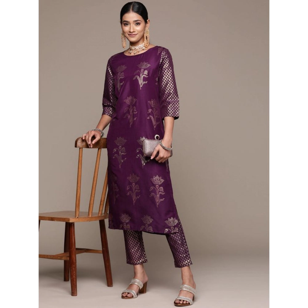 Casual 3-4Th Sleeve Floral Printed Chinon Kurti and Pant Set (Purple)