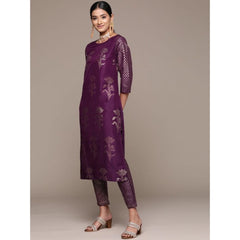 Casual 3-4Th Sleeve Floral Printed Chinon Kurti and Pant Set (Purple)