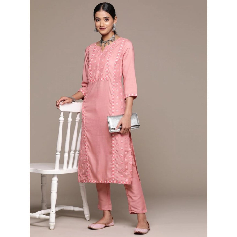 Casual 3-4Th Sleeve Floral Printed Chinon Kurti and Pant Set (Peach)