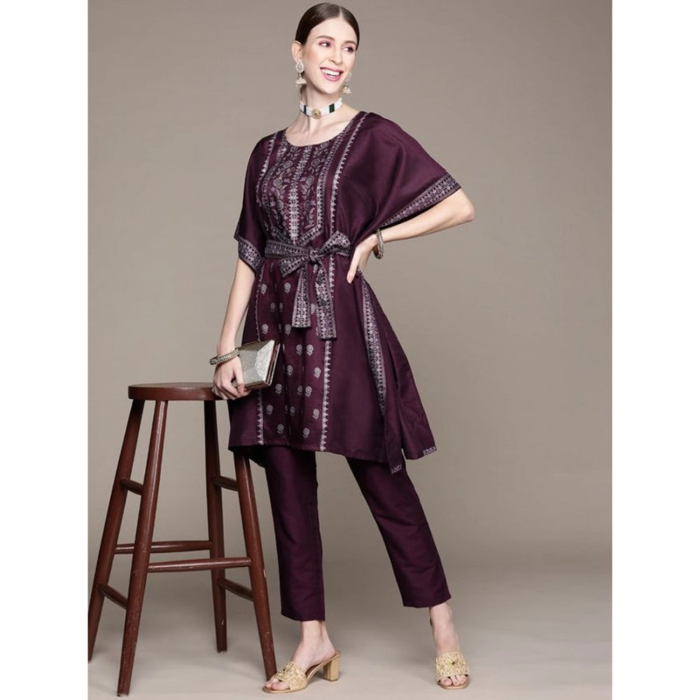 Casual 3-4Th Sleeve Floral Printed Chinon Kurti And Pant Set (Wine)