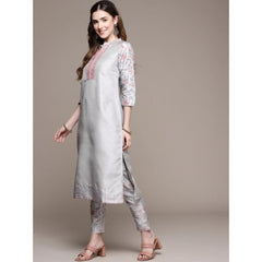 Casual 3-4Th Sleeve Solid Poly Silk Kurti and Pant Set (Light Grey)