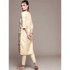 Casual 3-4Th Sleeve Floral Printed Poly Silk Kurti and Pant Set (Cream)