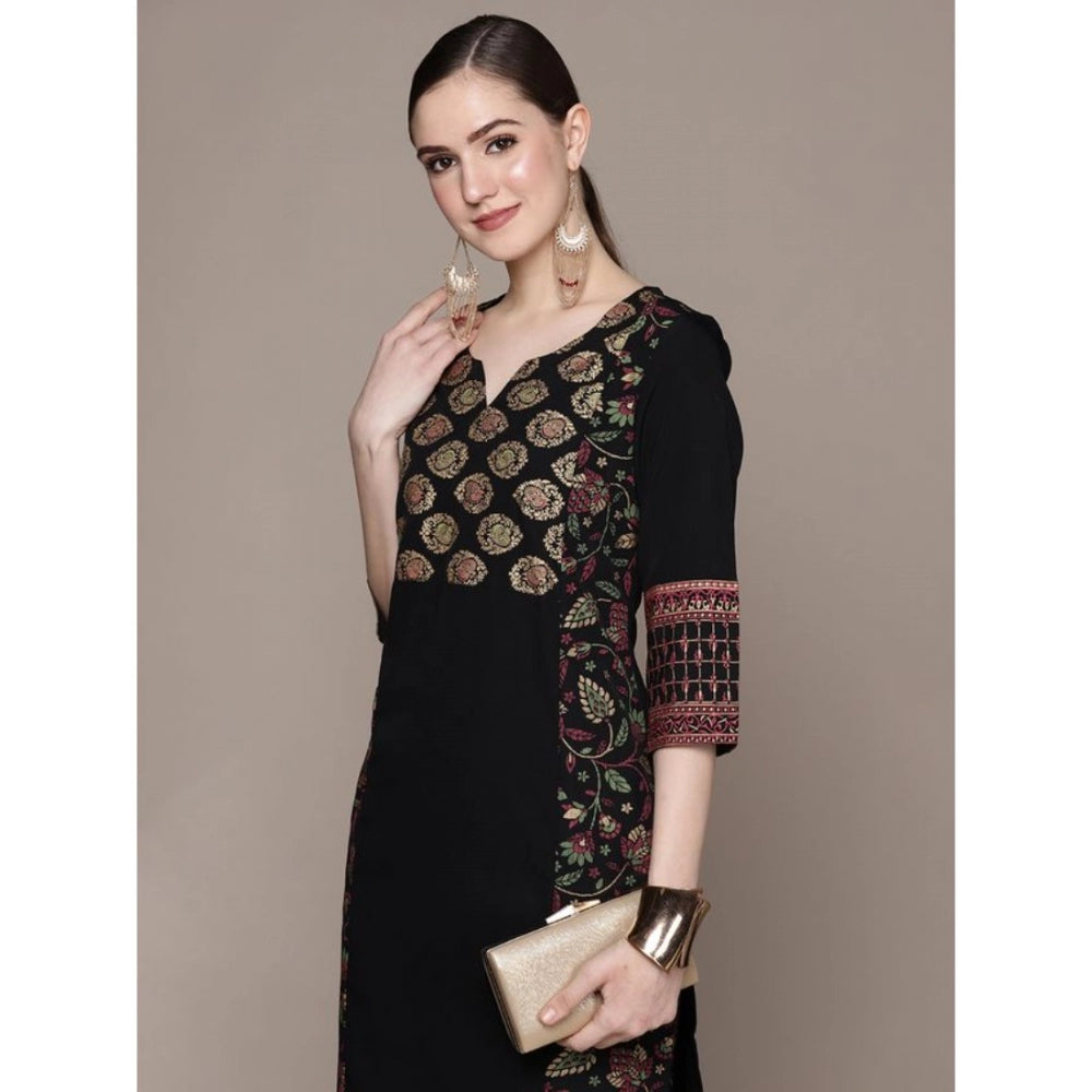 Casual 3-4Th Sleeve Ethnic Motifs Crepe Kurti And Pant Set (Black)