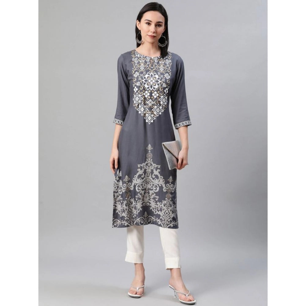 Casual 3-4Th Sleeve Floral Printed Rayon Kurti And Pant Set (Grey)