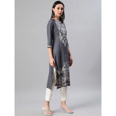 Casual 3-4Th Sleeve Floral Printed Rayon Kurti And Pant Set (Grey)