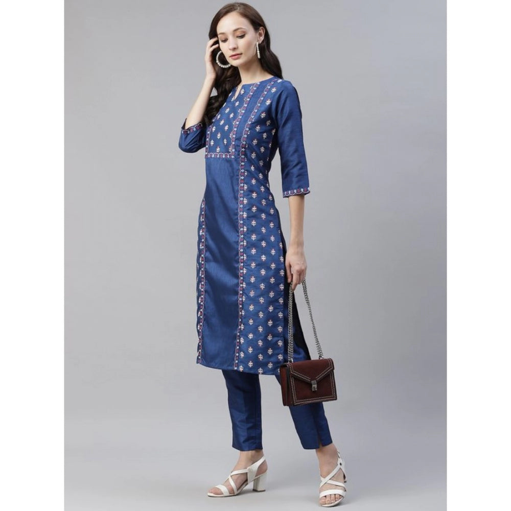 Casual 3-4Th Sleeve Floral Printed Poly Silk Kurti And Pant Set (Blue)