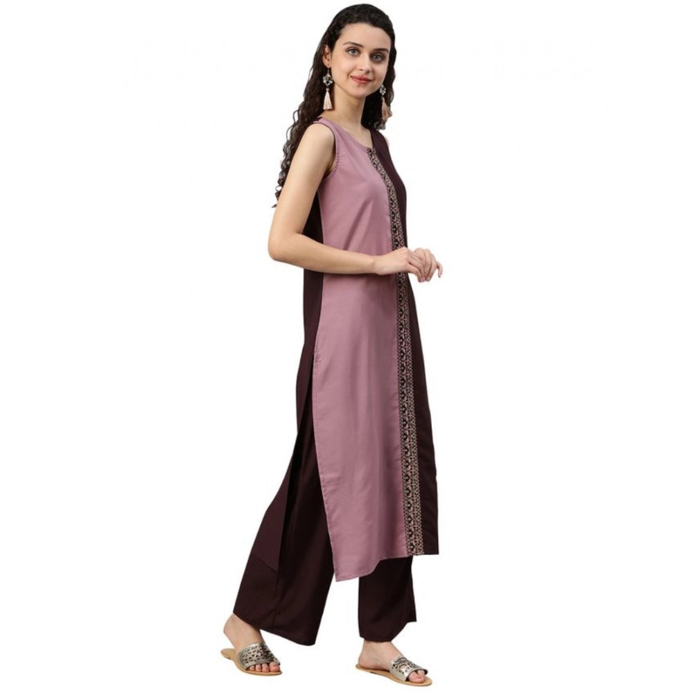 Casual sleeveless Solid Crepe Kurti And Palazzo Set (Brown)