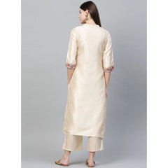 Casual 3-4Th Sleeve Ethnic Motifs Poly Silk Kurti and Palazzo Set (Cream)