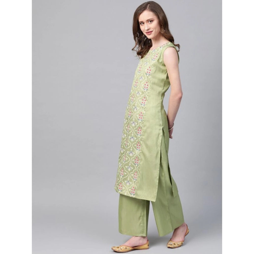 Casual Sleeveless Floral Printed Poly Silk Kurti and Palazzo Set (Green)