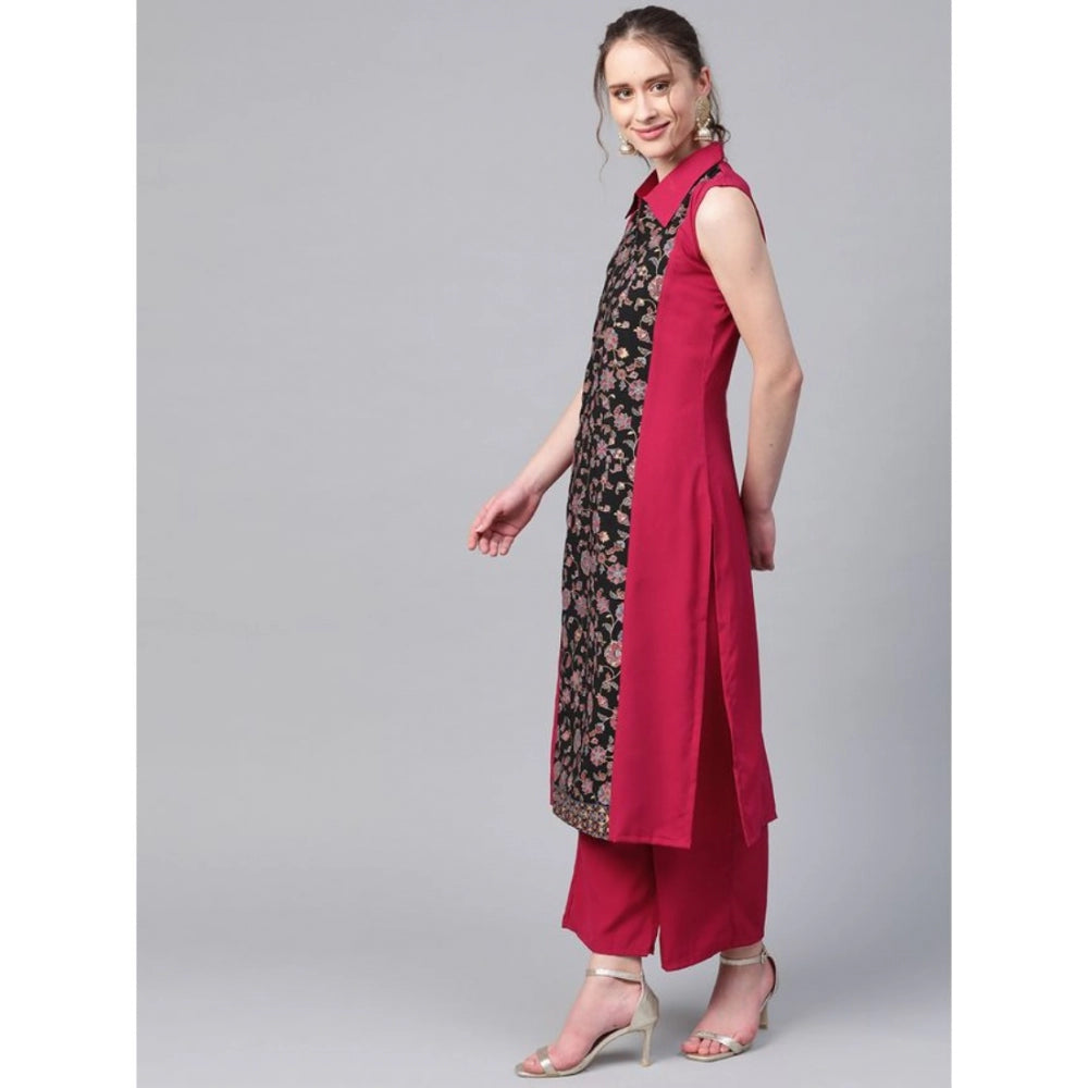 Casual Sleeveless Floral Printed Crepe Kurti and Palazzo Set (Pink)