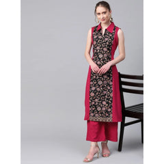 Casual Sleeveless Floral Printed Crepe Kurti and Palazzo Set (Pink)