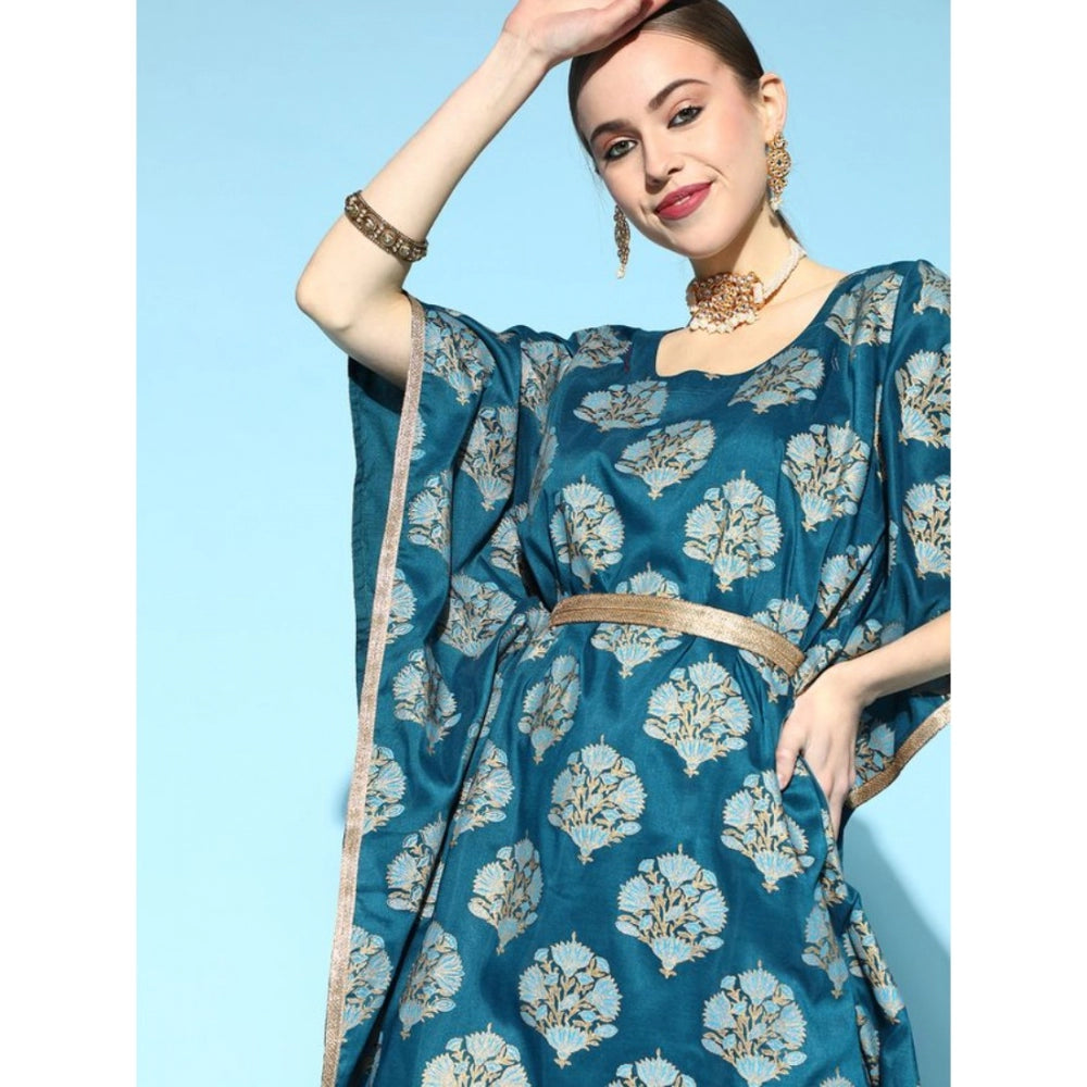 Casual 3-4Th Sleeve Floral Printed Chinon Kurti And Pant Set (Teal)