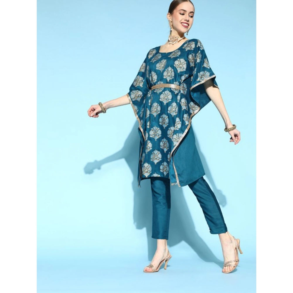 Casual 3-4Th Sleeve Floral Printed Chinon Kurti And Pant Set (Teal)