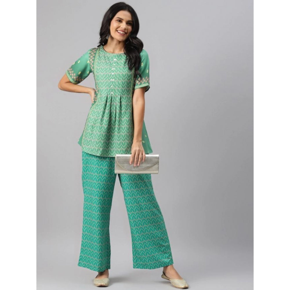 Casual Half Sleeve Geometric Rayon Kurti And Palazzo Set (Green)