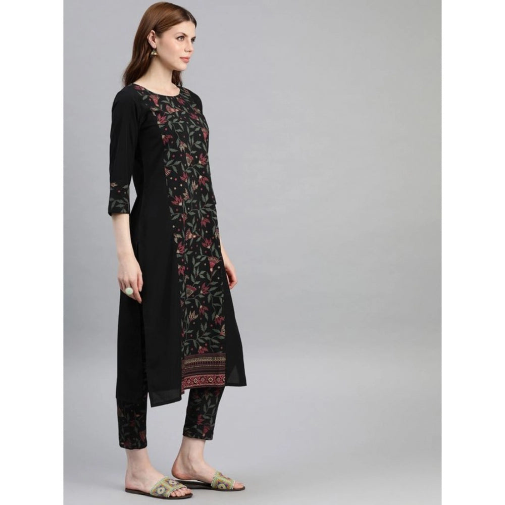 Casual 3-4Th Sleeve Floral Printed Crepe Kurti and Pant Set (Black)