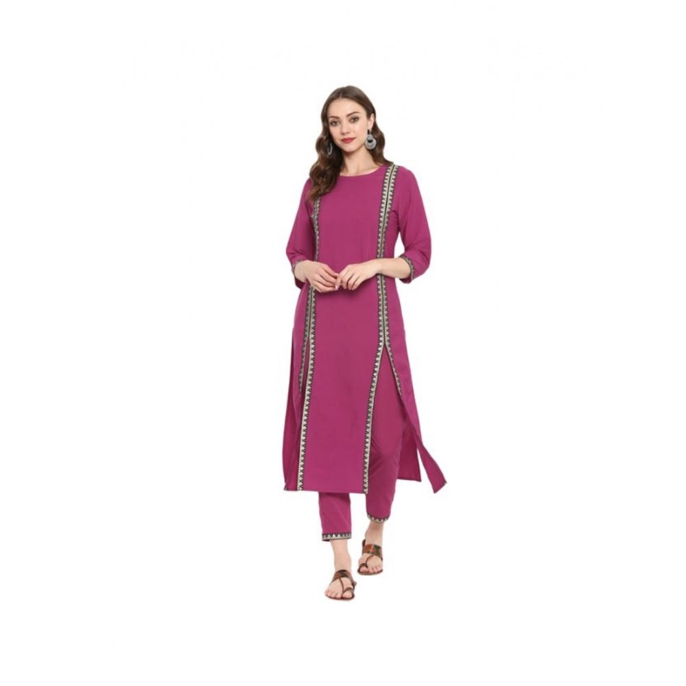 Casual 3-4Th Sleeve Solid Crepe Kurti And Pant Set (Pink)