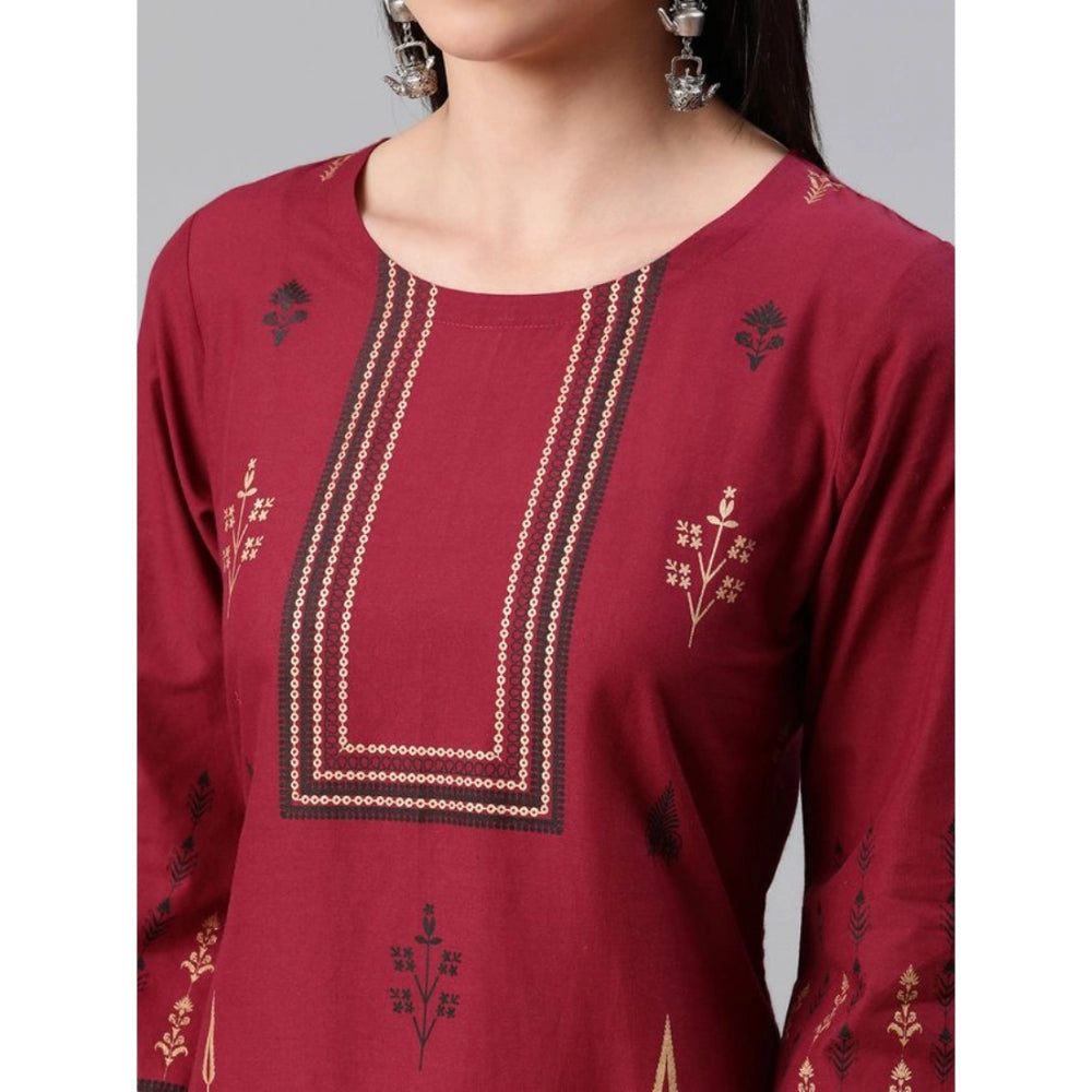 Casual 3-4Th Sleeve Ethnic Motifs Rayon Kurti And Pant Set (Red)