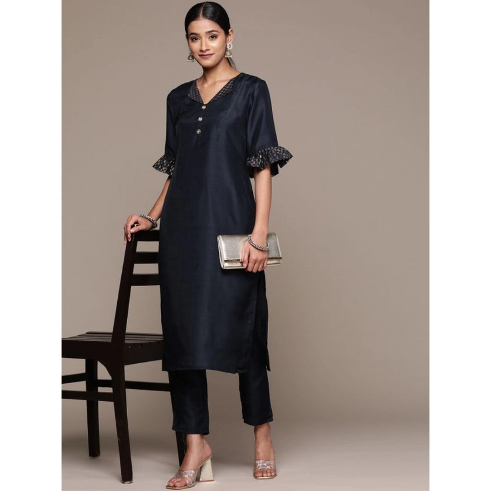 Casual Half Sleeve Solid Chinon Kurti and Pant Set (Navy Blue)