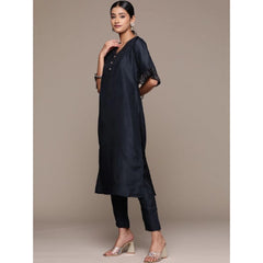 Casual Half Sleeve Solid Chinon Kurti and Pant Set (Navy Blue)