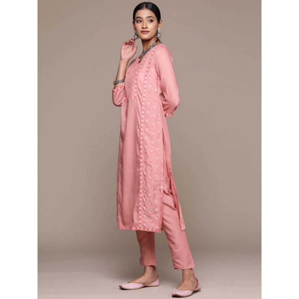 Casual 3-4Th Sleeve Floral Printed Chinon Kurti and Pant Set (Peach)