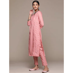 Casual 3-4Th Sleeve Floral Printed Chinon Kurti and Pant Set (Peach)