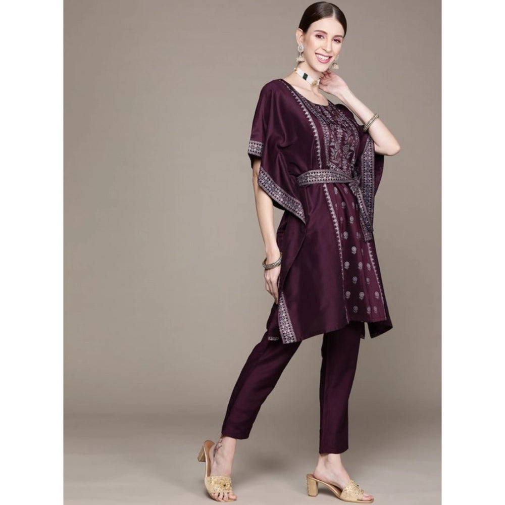 Casual 3-4Th Sleeve Floral Printed Chinon Kurti And Pant Set (Wine)