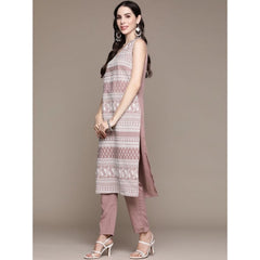 Casual Sleeveless Floral Printed Crepe Kurti And Pant Set (Light Wine)