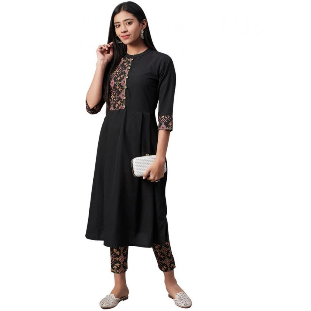 Casual 3-4Th Sleeve Geometric Crepe Kurti And Pant Set (Black)