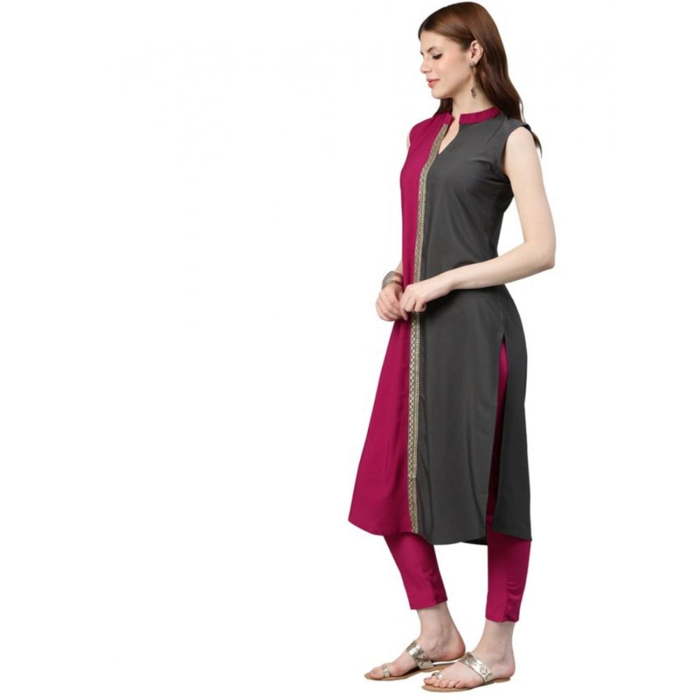 Casual sleeveless Solid Crepe Kurti And Pant Set (Pink)