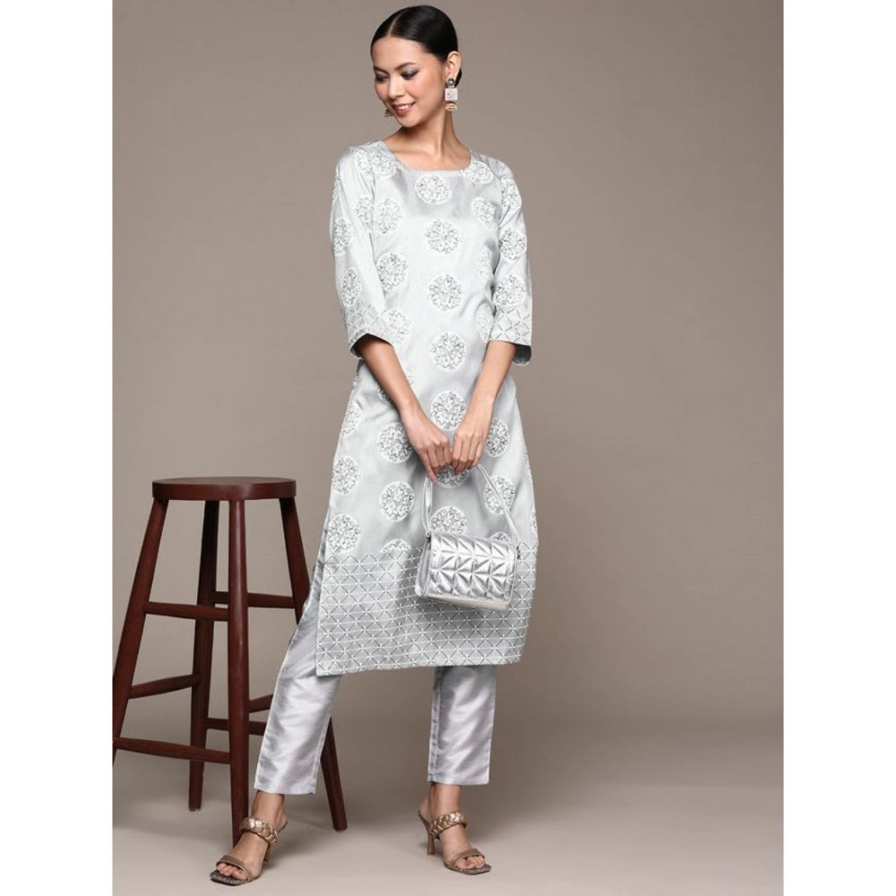 Casual 3-4Th Sleeve Floral Printed Poly Silk Kurti and Pant Set (Light Grey)