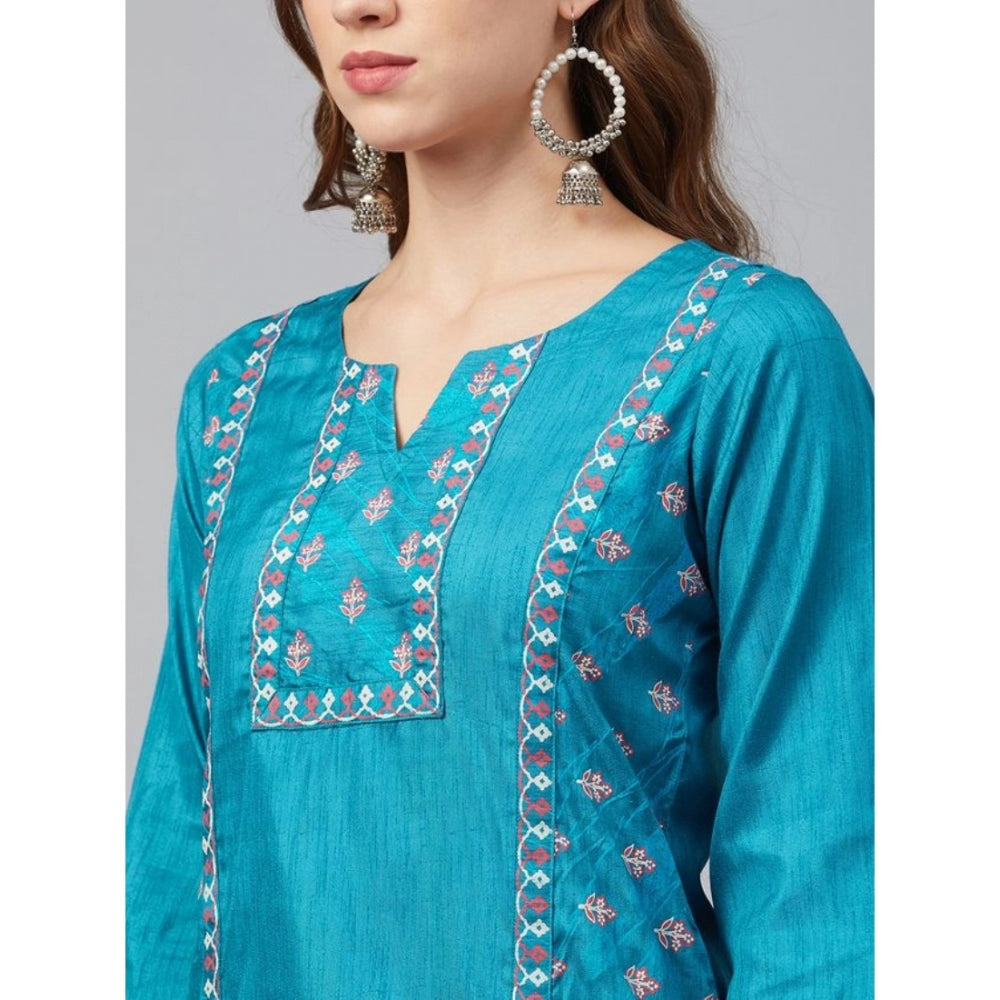 Casual 3-4Th Sleeve Floral Printed Poly Silk Kurti and Pant Set (Blue)