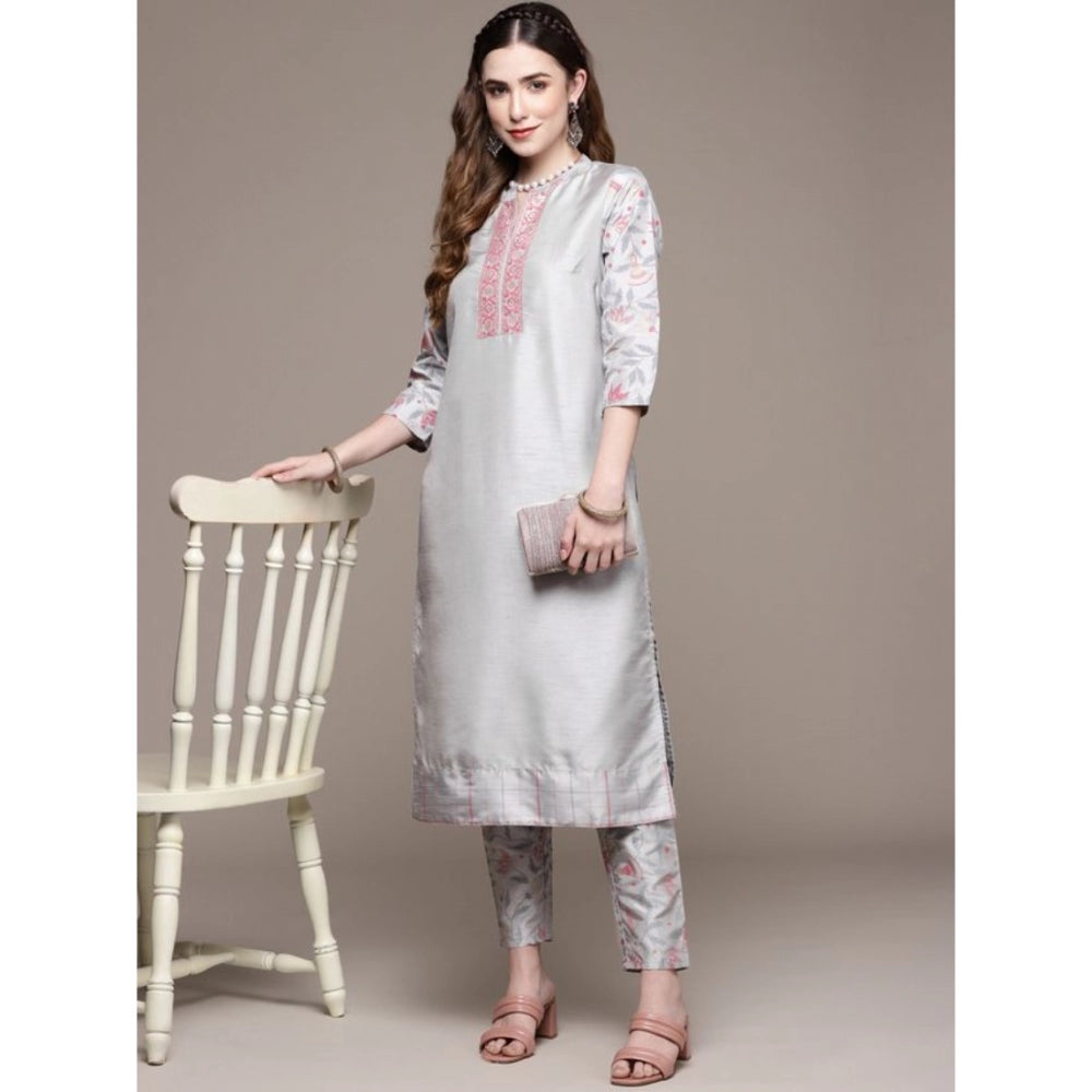 Casual 3-4Th Sleeve Solid Poly Silk Kurti and Pant Set (Light Grey)