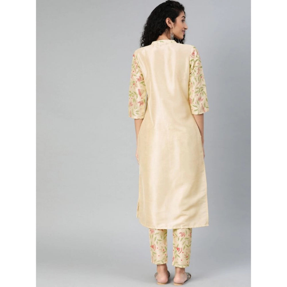 Casual 3-4Th Sleeve Solid Poly Silk Kurti and Pant Set (Cream)