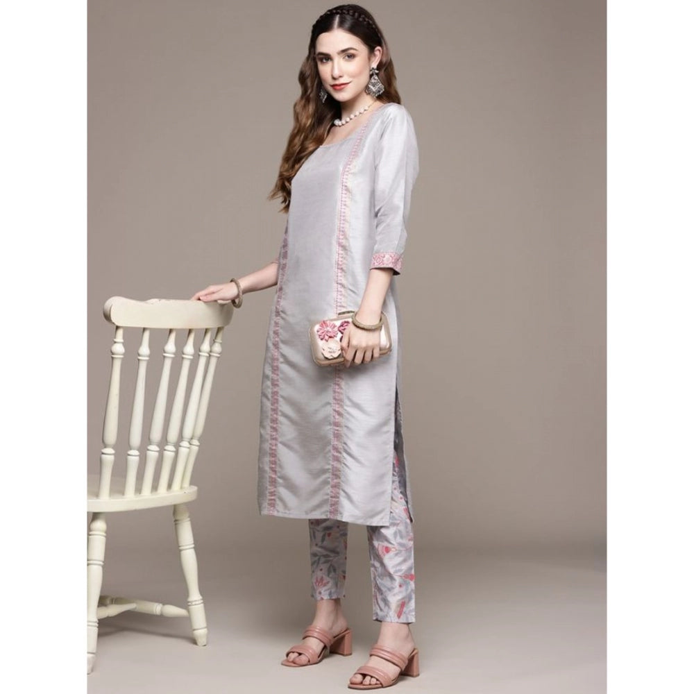 Casual 3-4Th Sleeve Geometric Poly Silk Kurti and Pant Set (Light Grey)